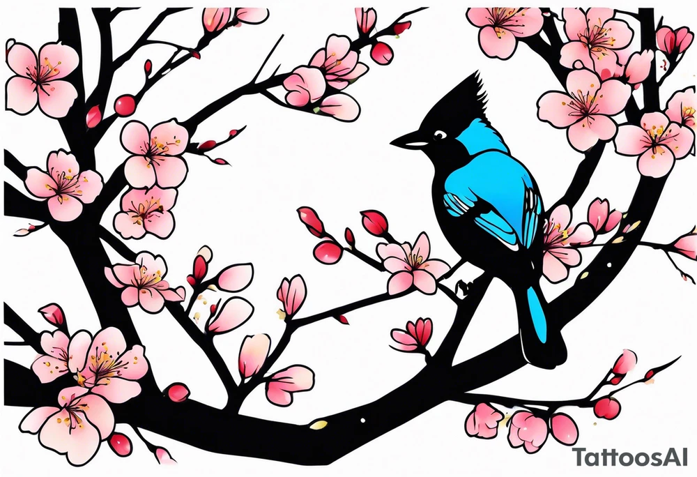 Stellar’s Jay bird on cherry blossoms tattoo for arm tattoo idea