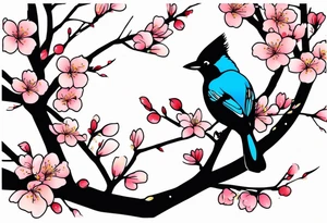 Stellar’s Jay bird on cherry blossoms tattoo for arm tattoo idea