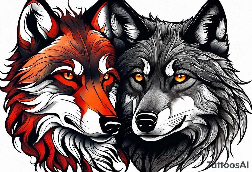 Black wolf and red fox nuzzling tattoo idea