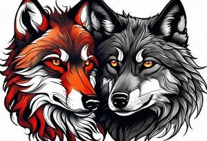 Black wolf and red fox nuzzling tattoo idea
