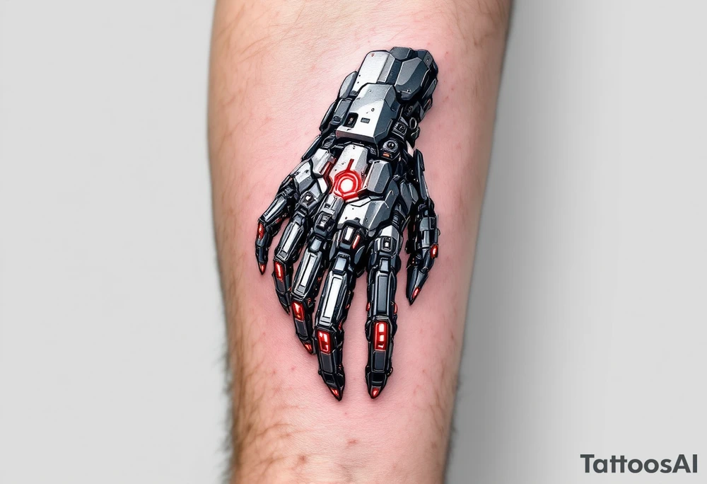 A realistic biomechanical hand tattoo in metallic silver and deep gunmetal with red LED-like highlights mimicking robotic joints. tattoo idea