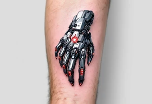 A realistic biomechanical hand tattoo in metallic silver and deep gunmetal with red LED-like highlights mimicking robotic joints. tattoo idea