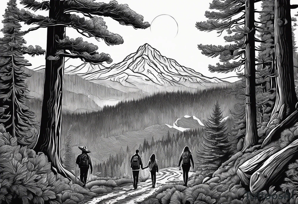 A family of four walking through the Pacific Northwest Forrest. Mexican art. Trust in God tattoo idea