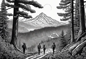 A family of four walking through the Pacific Northwest Forrest. Mexican art. Trust in God tattoo idea