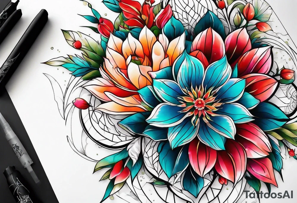 Geometric pattern flowers tattoo idea