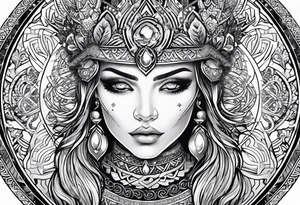 Viking, feminine warrior, mandala, bedroom eyes, headshot, closeup, full design, princess, round emblem, moon goddess tattoo idea