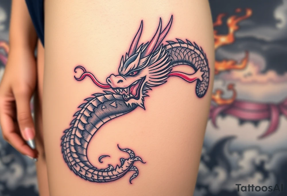 fierce dragon breathing iridescent fire against stormy skies tattoo idea
