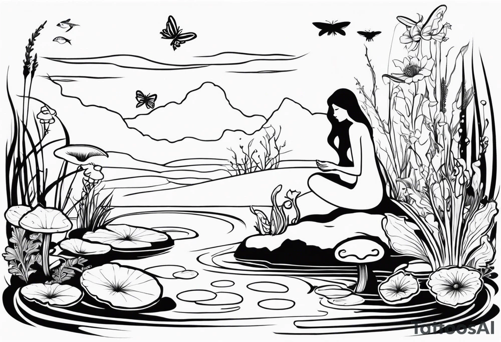 A swamp that has cypress trees, mushrooms, wild flowers, lily pads, frogs, and bugs with a mermaid in the background that is singing music. tattoo idea