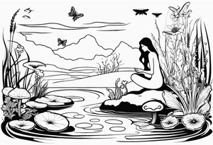 A swamp that has cypress trees, mushrooms, wild flowers, lily pads, frogs, and bugs with a mermaid in the background that is singing music. tattoo idea