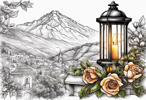 create Mediterranean climate with mountain in the background, add an oak tree, rose bush, dove with olive leaf, singing nightingale, lantern with a lit candle. tattoo idea