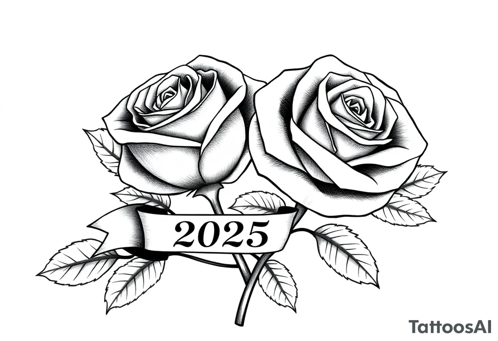 two beautiful large rose buds, one larger than the other, with lots and lots of leaves next to the rose buds, with one sitting slightly higher than the other, side-by-side.  Include a banner connecting the two roses with the year 2025 on it.   Use dark outlines with little shading. No stems tattoo idea