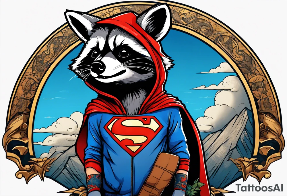 raccoon wearing a Superman hoodie tattoo idea