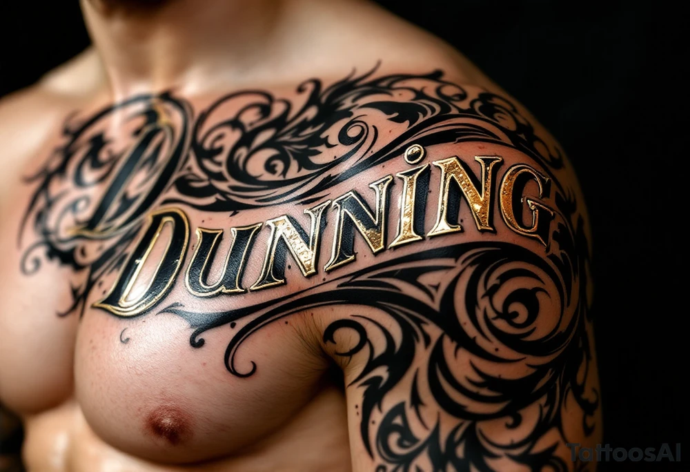 Dunning, details include bold strong font, gold highlights, theme of wealth and angels tattoo idea