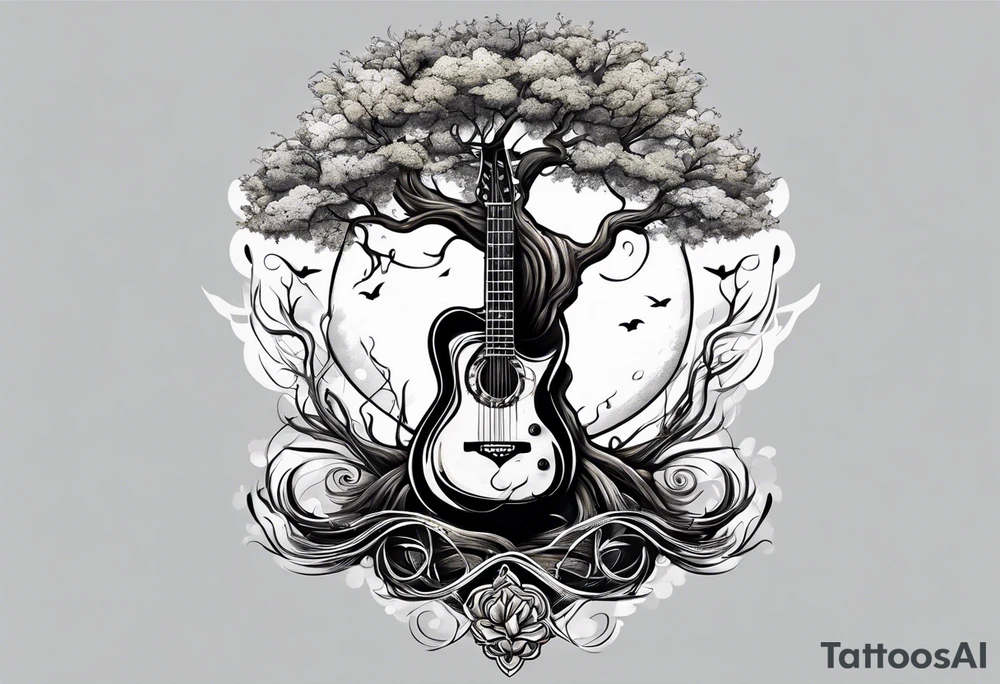 tree with guitar neck as trunk and roots are an anchor tattoo idea