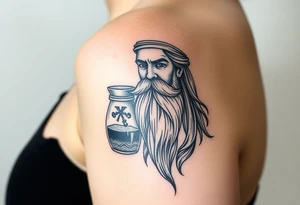 a big piece,The sign of the aquarian version human man almost resembling a god, with a large beard, with a jar on his shoulder with water coming out of it tattoo idea