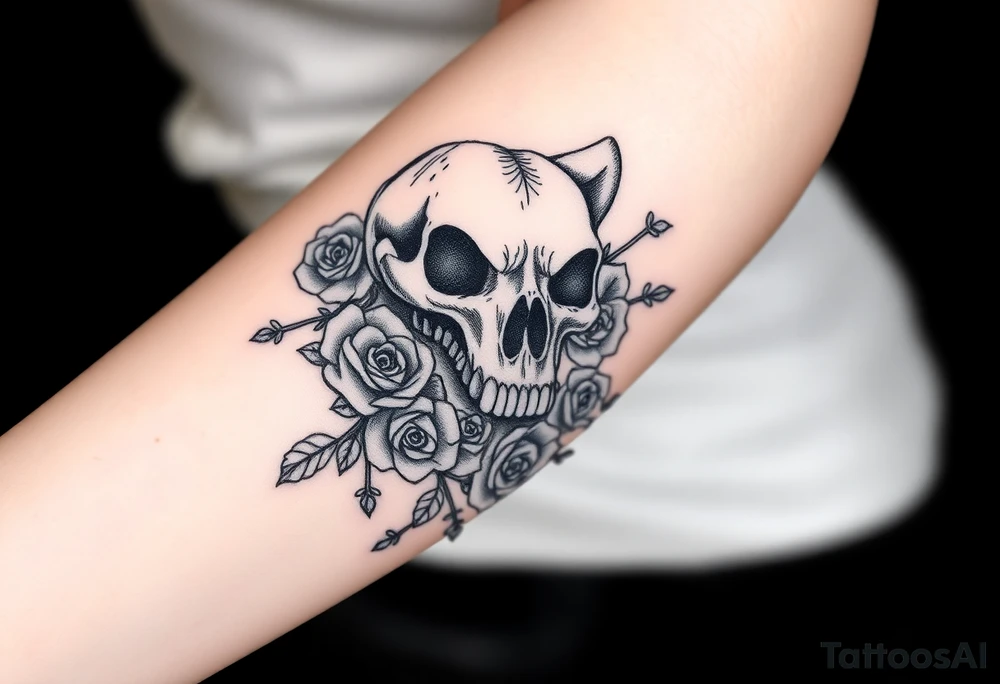 gothic bear skull intertwined with climbing roses and thorny vines tattoo idea