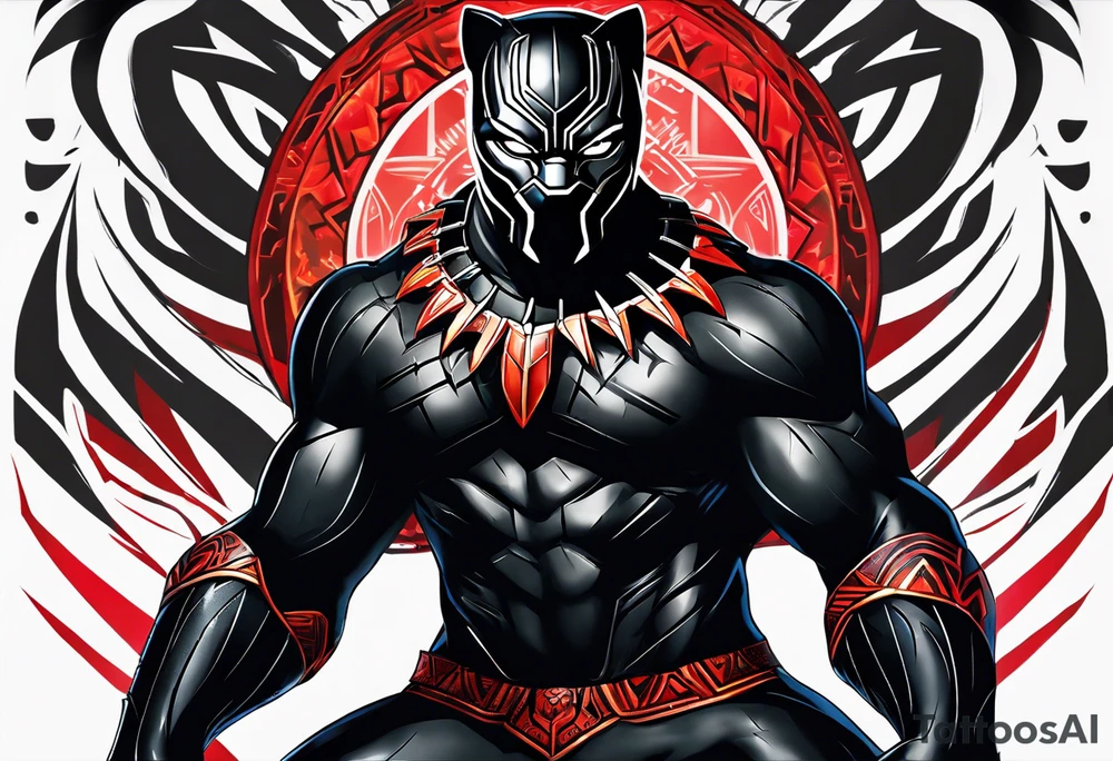 unique black panther tattoo, dynamic pose, showcasing its strength and grace, striking red eyes, intense and captivating elements, artistic flair, blending realism with abstract elements tattoo idea