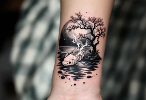 a lightning koi fish swimming upstream in a pond moonlight by the full moon with a sakura tree by the pond tattoo idea