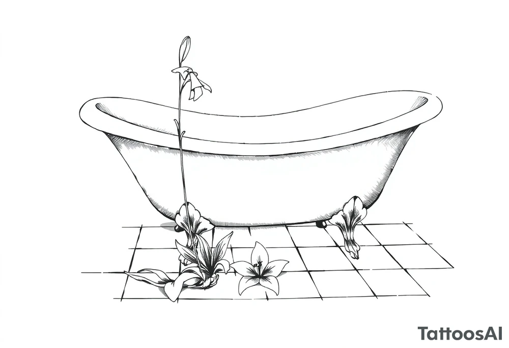 Clawfoot bathtub with lily coming up from tile floor tattoo idea