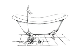 Clawfoot bathtub with lily coming up from tile floor tattoo idea
