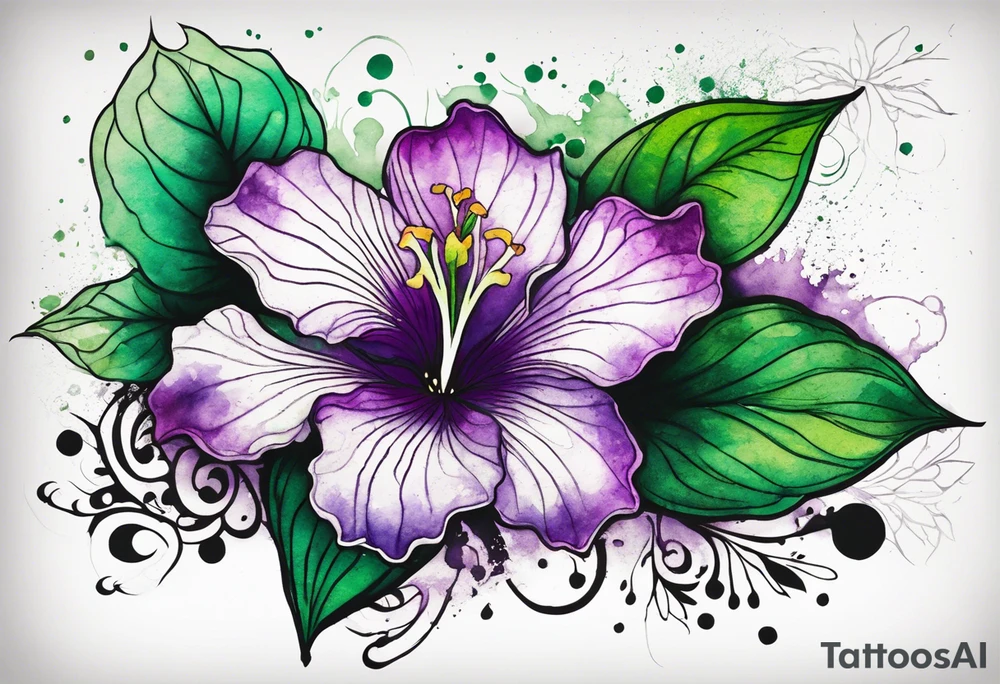 A mystical outline of a green and purple rio dipladenia flower and a green and purple watercolor splash in the background tattoo idea