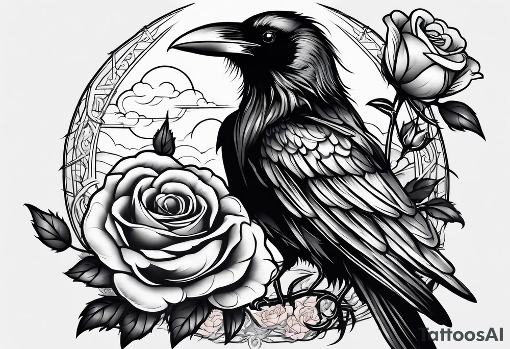 a raven holding a rose in a thunderstorm tattoo idea