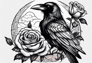 a raven holding a rose in a thunderstorm tattoo idea