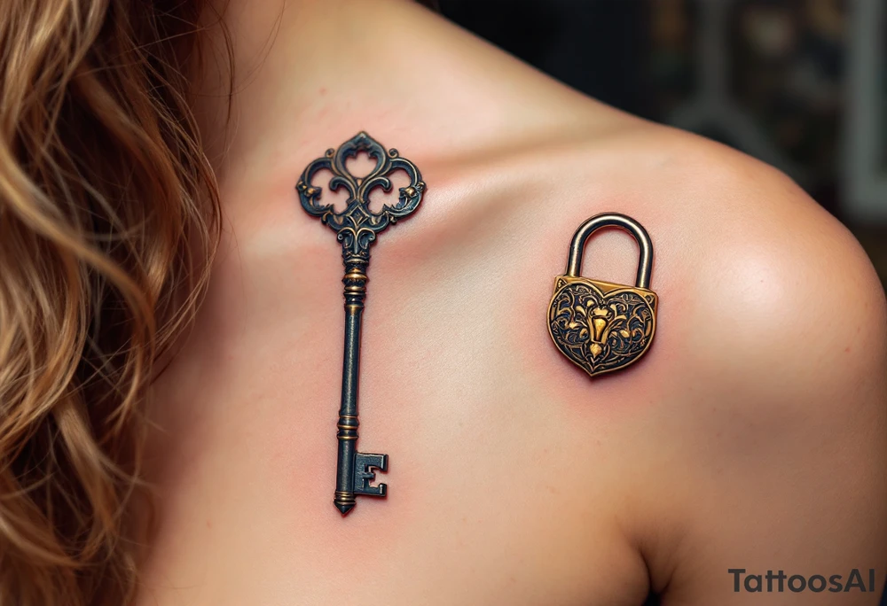 A vintage key in bronze for him and an ornate gold-accented lock for her placed on the shoulder blades express unity and trust. tattoo idea