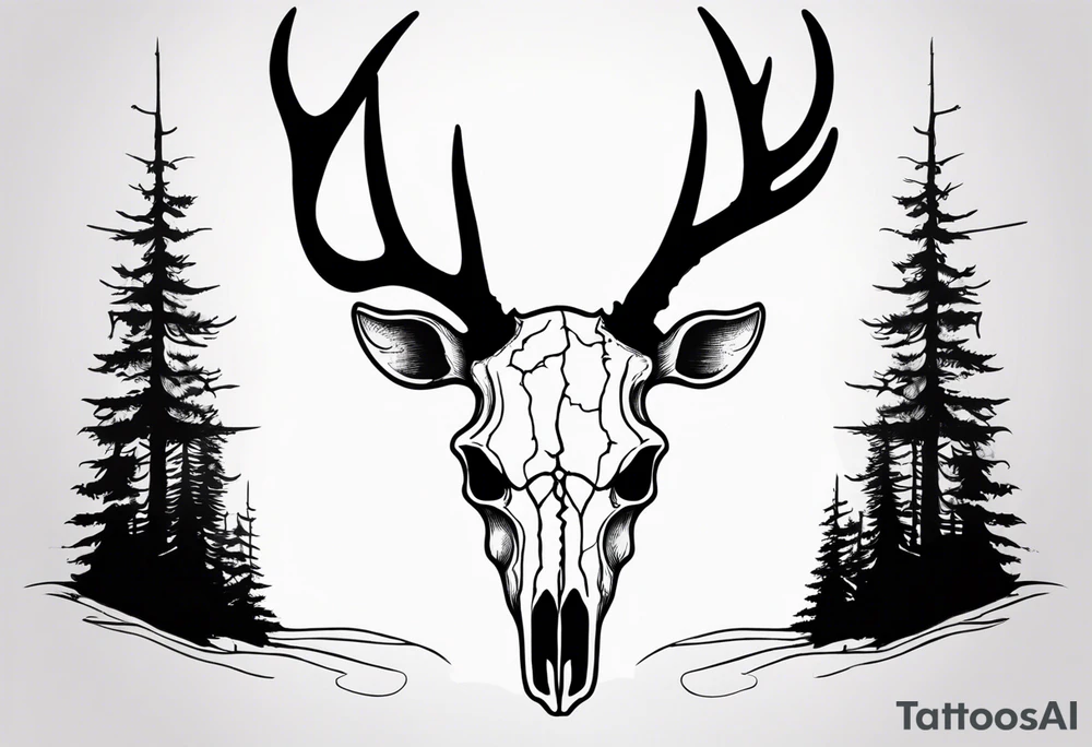 Halloween side view of a DECAYING deer skull JUST BONE surrounded by a forest fire in background tattoo idea