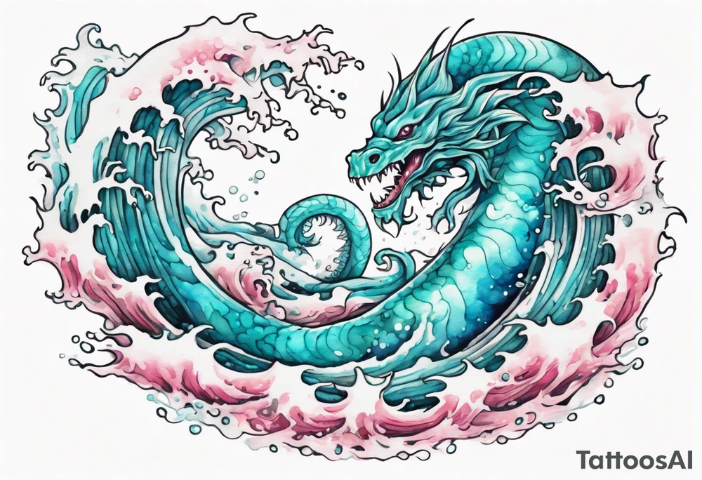 a beautiful turquoise and white and pink sea monster rising from the blue waves of the ocean tattoo idea
