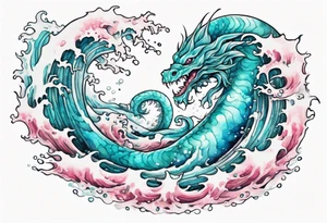 a beautiful turquoise and white and pink sea monster rising from the blue waves of the ocean tattoo idea
