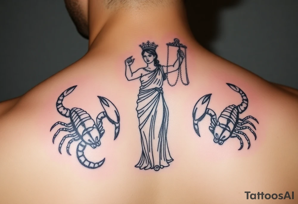 The figure of Lady Justice next to two Scorpions tattoo idea