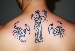 The figure of Lady Justice next to two Scorpions tattoo idea