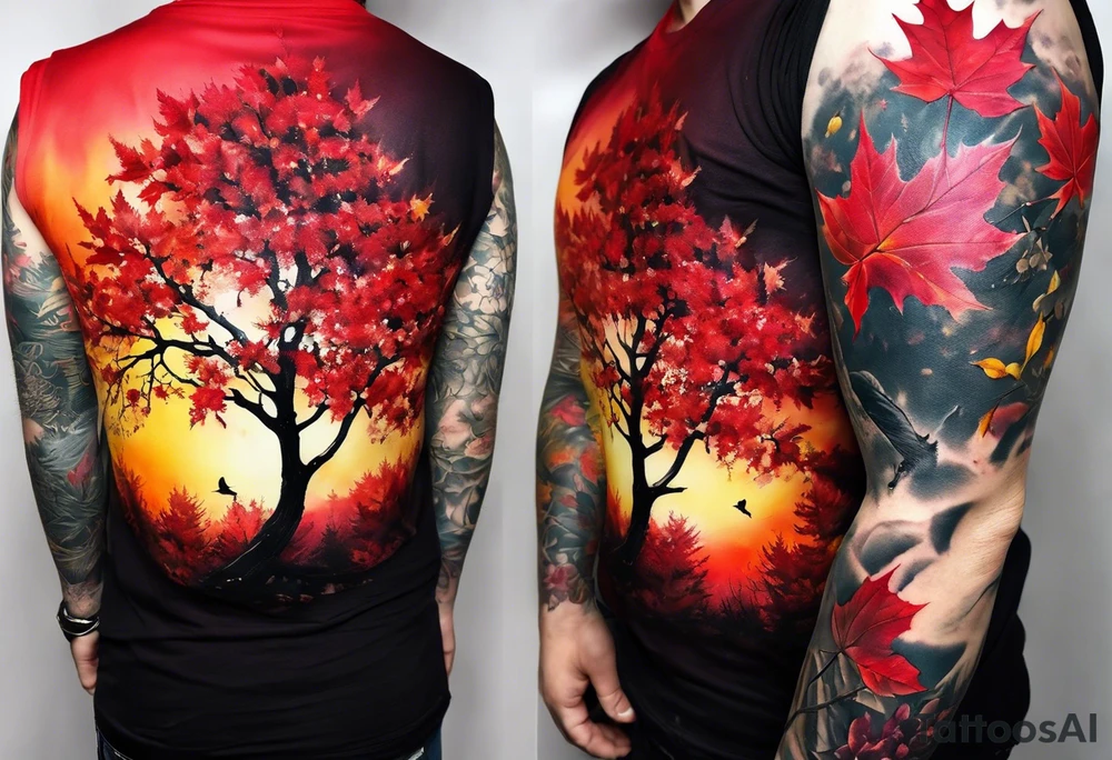 trash polka style. Arm tattoo. chest tattoo. Long tattoo. large tattoo. Full sleeve. Shoulder. A single large maple tree with red autumn leaves that branches upwards from wrist to shoulder. White-throated dipper bird on the trees branches. Calluna flowers at the base of the trees stem. Red/yellow sunset behind the trees stem. Leaves falling. tattoo idea