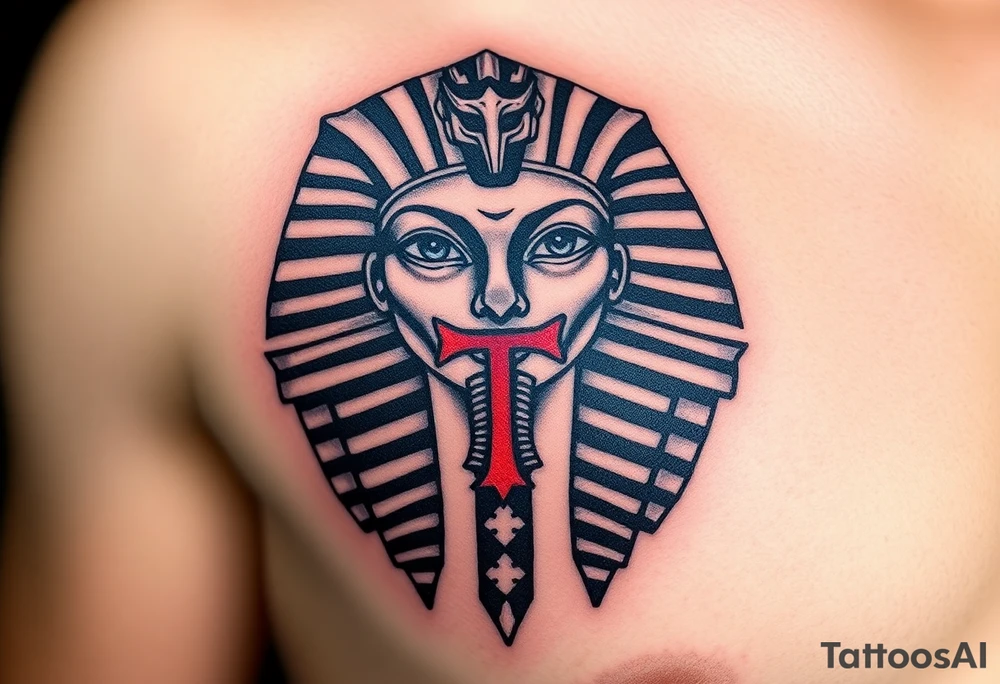 A Pharaoh’s Mask with a Hidden Cross in the Design (only red , blue and black are possible colors) tattoo idea