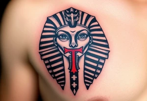 A Pharaoh’s Mask with a Hidden Cross in the Design (only red , blue and black are possible colors) tattoo idea