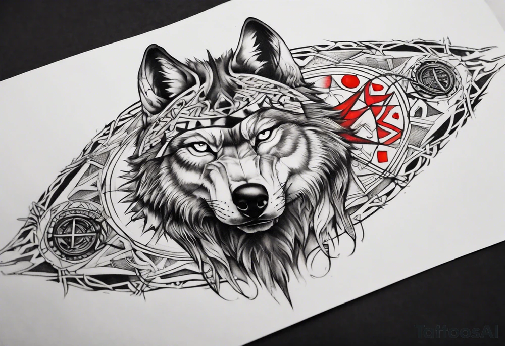 want a half sleeve on my left forearm featuring a side profile of wolf with a vegvisir for its pupil and red eye, surrounded by Māori patterns and Norse symbols tattoo idea