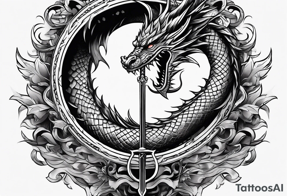show me a tattoo design on back
where there is a sword and a dragon wrapped around it tattoo idea