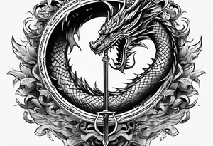 show me a tattoo design on back 
 where there is a sword and a dragon wrapped around it tattoo idea