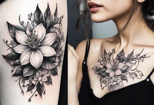 Shoulder and collarbone tattoo of a vibe of night-blooming Jasmine. The tattoo should have a spider tattoo idea