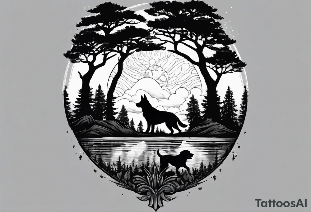 A shadow of family of four and dog walking through the Pacific Northwest Forrest. Mexican art. Trust in God tattoo idea