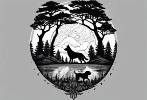 A shadow of family of four and dog walking through the Pacific Northwest Forrest. Mexican art. Trust in God tattoo idea