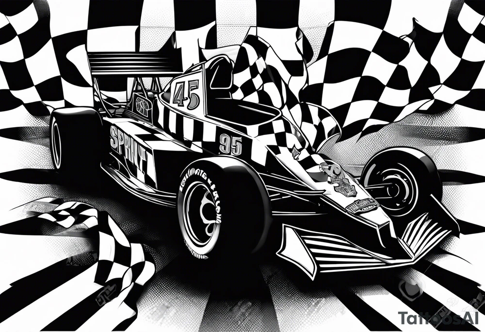 Sprint car, numbers 45, 29, checkered flag, skulls, race suit tattoo idea