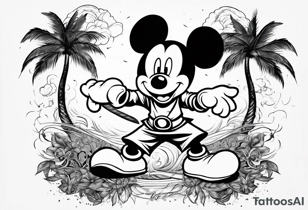 mickey mouse doing martial arts with palm trees, lightning storm and the celtic symbol for family tattoo idea