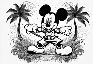 mickey mouse doing martial arts with palm trees, lightning storm and the celtic symbol for family tattoo idea