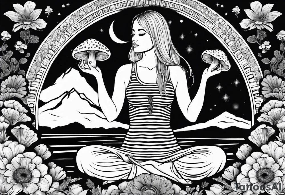 Straight blonde hair girl holding mushrooms in hand meditating facing away toward mountains surrounded by mushrooms crescent moon mandala circular design black and white striped dress tattoo idea
