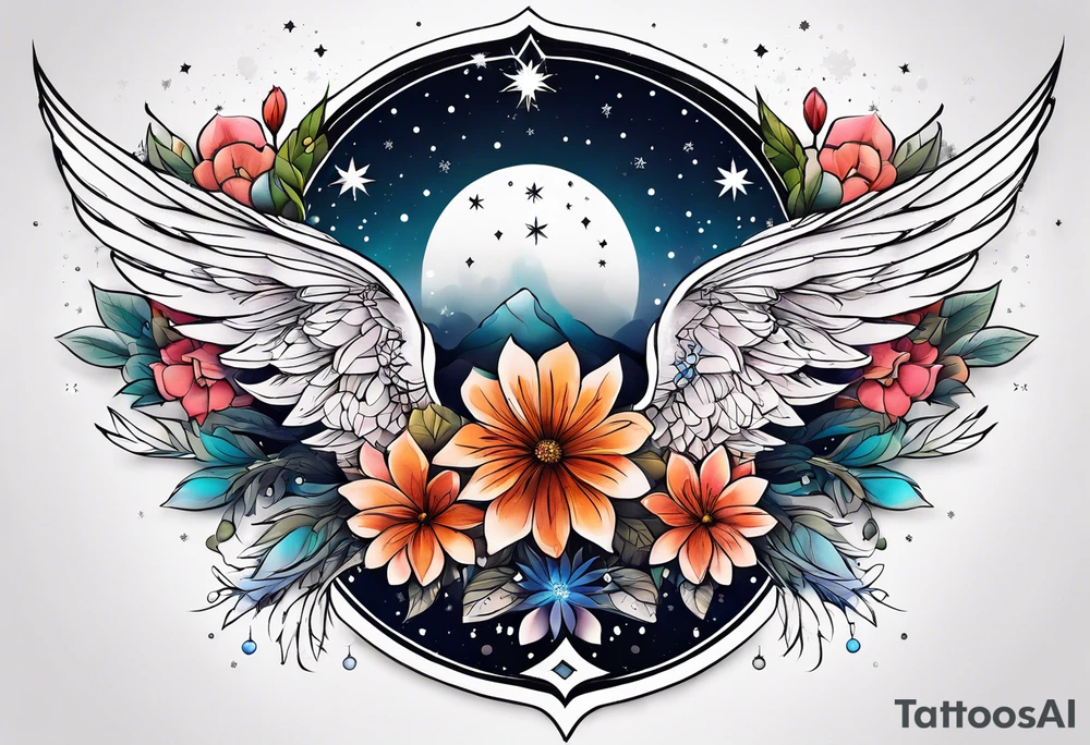 Constellation, wing , snow , géométric , flower tattoo idea