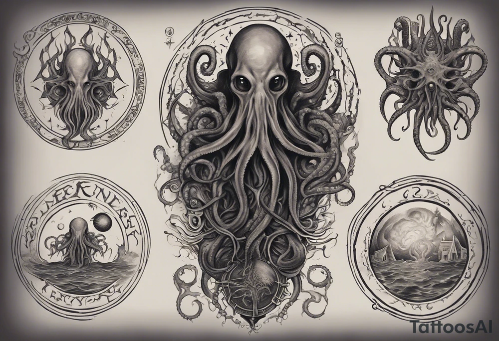 The tattoo features a cosmic and mysterious scene inspired by Lovecraft's works. At the center of the forearm, envision a detailed Lovecraftian creature surrounded by an eerie atmosphere. Tentacles extend down, wrapping around the wrist and ascending along the hand. Dark shading adds depth, and iconic Lovecraftian symbols or runes could intertwine with the creature. Consult with a professional tattoo artist to tailor the design to your preferences and ensure it fits well on your forearm and hand. tattoo idea