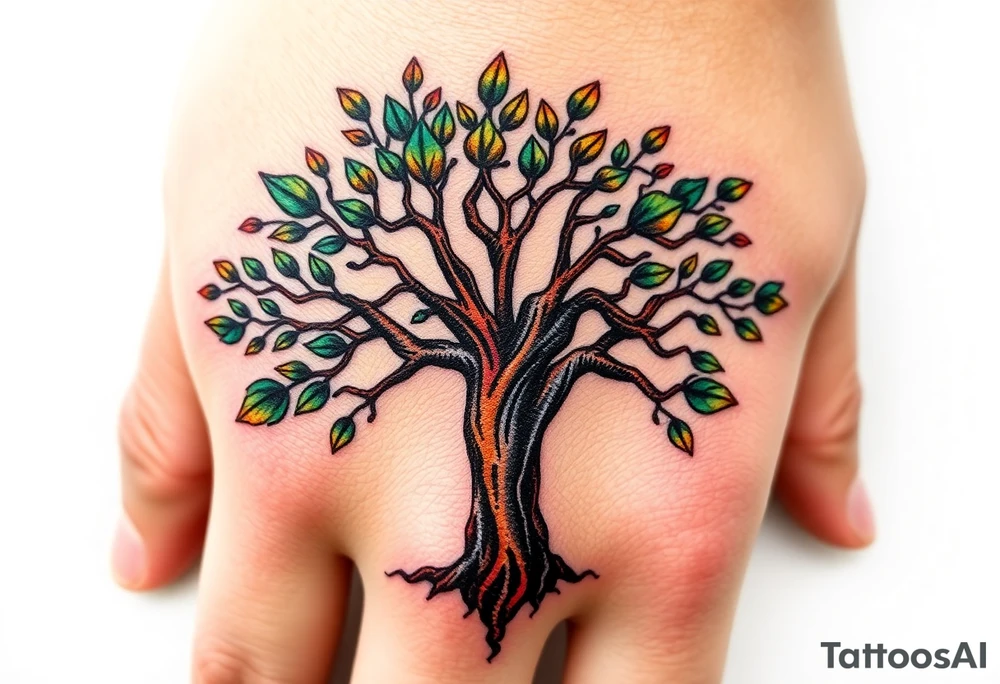 Vibrant tree of life Jamaican and Irish colours tattoo idea
