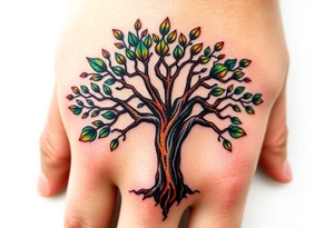 Vibrant tree of life Jamaican and Irish colours tattoo idea